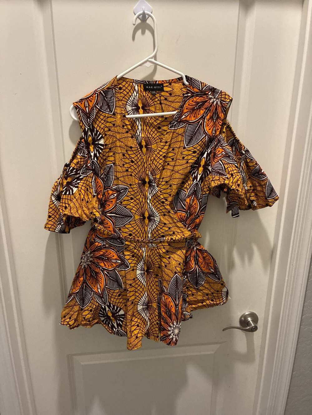 MAE OTTI Orange Ankara Print Cold Shoulder 2XL Cotton Blouse